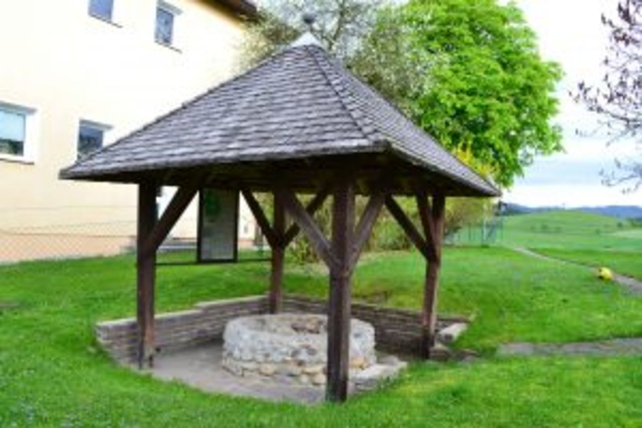 Mit Holzkonstruktion überdachter Steinbrunnen